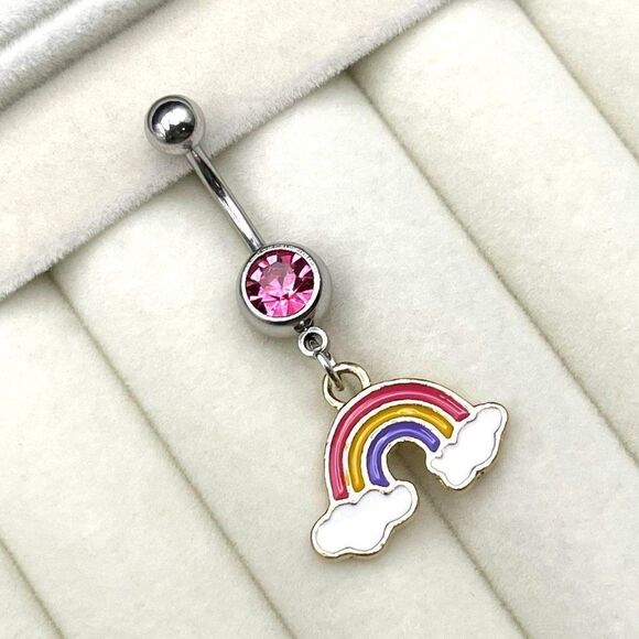 316L Stainless Steel with Pink Sapphire CZ and Rainbow Charm Dangle Belly Ring - Picture 3 of 7